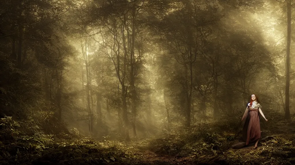 Image similar to eleanor tomlinson in the dark forest. andreas achenbach, artgerm, mikko lagerstedt, zack snyder, tokujin yoshioka