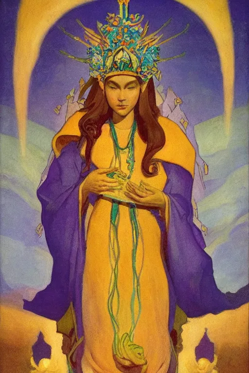 Image similar to lizard queen with her crown and lantern, by Nicholas Roerich and Annie Swynnerton, dramatic cinematic lighting , ornate headdress , flowing robes, sacred artifacts, lost civilizations, smooth, sharp focus, extremely detailed