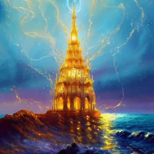 Prompt: distant view of a delicate ornate sparkling gold fantasy tower splashes upwards from a stormy ocean shimmering in the sunlight, dramatic lighting, rich colors, beautiful oil painting, artstation