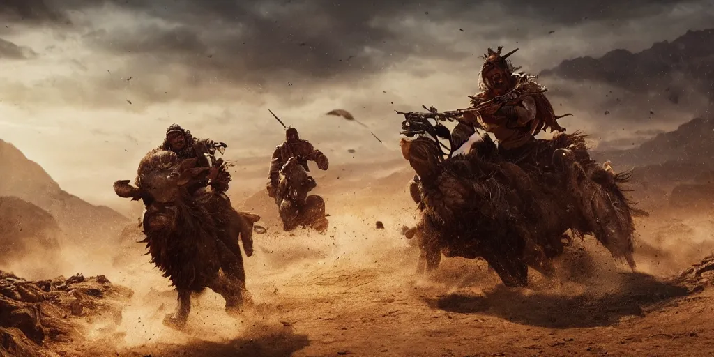 Image similar to indian on ancient atv attacking bufallos, action scene, an epic western, dramatic lighting, cinematic, establishing shot, extremely high detail, photorealistic, cinematic lighting, artstation, octane render, old photo, buffalo hunt movie, alpha movie, western