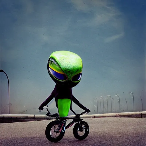 Image similar to alien riding a bmx, photograph