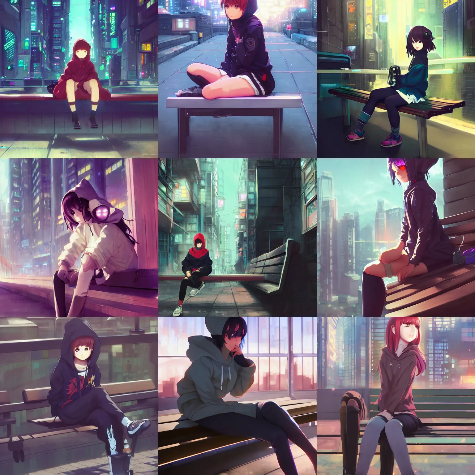 Prompt: anime girl wearing hoodie sitting on a bench in a cyberpunk city, digital anime art, full body shot, wlop, ilya kuvshinov, artgerm, krenz cushart, greg rutkowski, studio ghibli