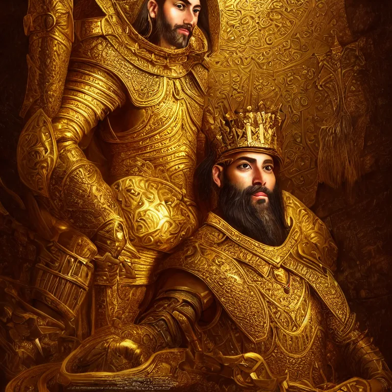 Image similar to highly detailed portrait of agharta ´ s king brightening on gold majestic in the entrance castle kingdom of agharta, land of advanced races, giant, hollow earth infographic, hiperrealistc, global illumination, radiant light, detailed and intricate environment, trending on artstation, art by oleg oprisco, 8 k