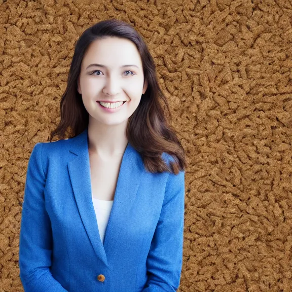 Image similar to portrait of 2 5 - year - old business woman with angle 1 0 0 ° centred looking away breading fresh air, strong spirit and look happy, background soft blue gradian