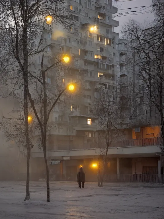 Prompt: film still of low russian residential building in suburbs, lights are on in the windows, deep night, post - soviet courtyard, cozy atmosphere, light fog, street lamps with orange light, several birches nearby, several elderly people stand at the entrance to the building