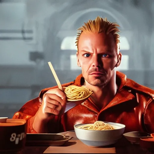 Prompt: a portrait of Korbin Dallas from the movie The Fifth Element eating a bowl of ramen, 8k resolution, extremely detailed, octane render, HQ, colored HQ