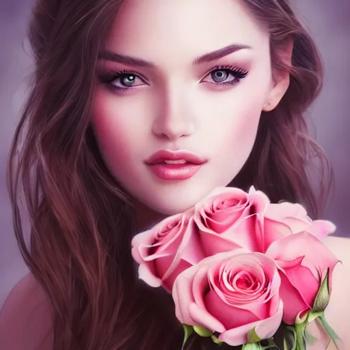 Image similar to a gorgeous female photo, professionally retouched, soft lighting, holding a bouquet of roses, realistic, smooth face, perfect eyes, wide angle, sharp focus on eyes, 8 k high definition, insanely detailed, intricate, elegant, art by artgerm