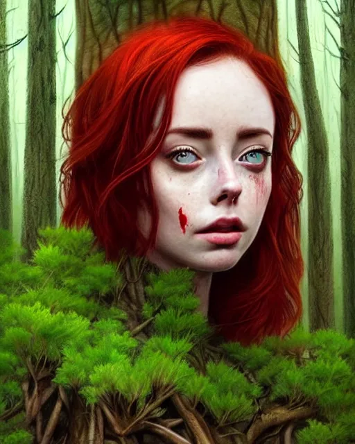 Prompt: surrounded by trees, realistic character concept, gorgeous Kacey Rohl, red hair, small freckles, symmetrical eyes, green dress, covered in blood, dark forest, trees, shorter neck, cinematic lighting, Joshua Middleton and artgerm, fear anxiety terror