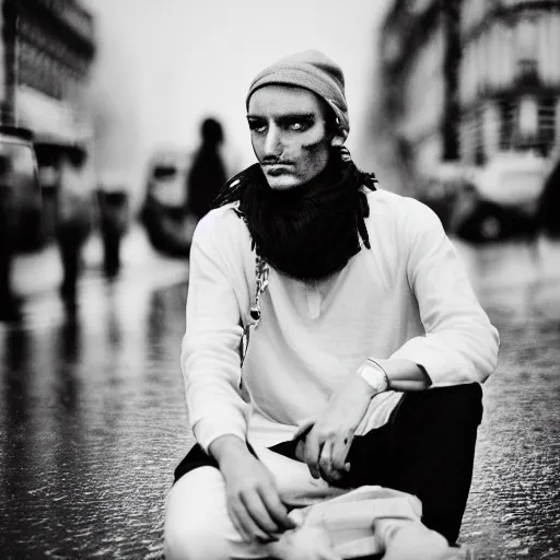 Image similar to black and white fashion photograph, highly detailed portrait of a depressed guy as a drug dealer on a busy Paris street, detailed face looking into camera, eye contact, natural light, rain, mist, lomo, fashion photography, film grain, soft vignette, sigma 85mm f/1.4 1/10 sec shutter, Daren Aronofsky film still promotional image, IMAX 70mm footage