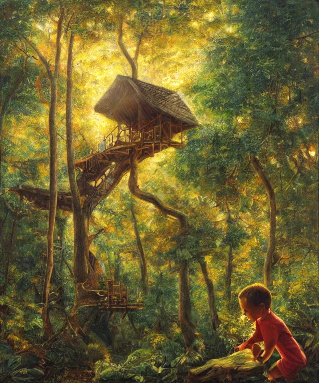 Image similar to masterful oil on canvas painting, eye - level view, shot from 5 0 feet distance, of a kid playing in a treehouse. in the background is a whimsical forest. golden hour, detailed, depth, volume, chiaroscuro, quiet intensity, vivid color palette.