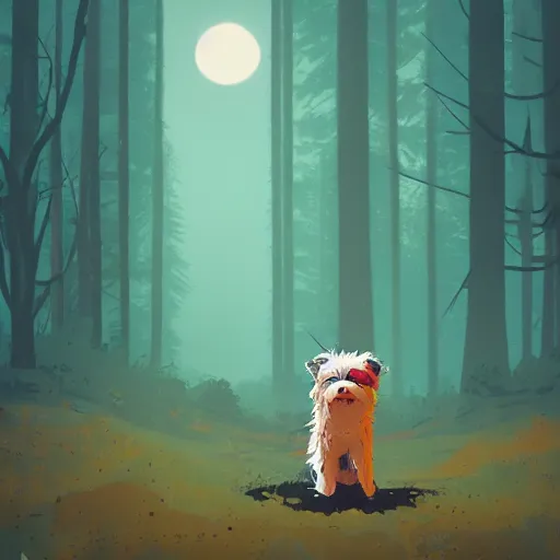 Image similar to white grungy dog standing in a cedar forest, by anton fadeev and simon stalenhag, trending on art station