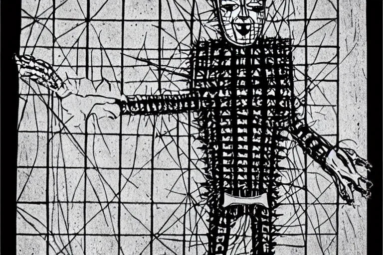 Image similar to hellraiser movie, pinhead figure, 8 k, b & w, redmer hoekstra pen style,