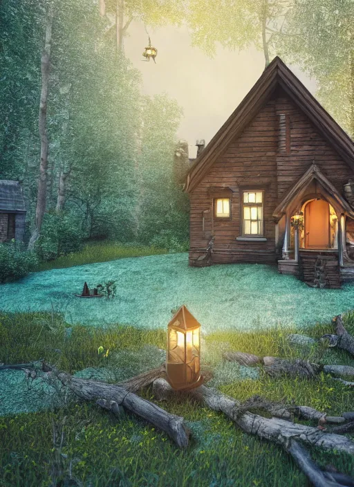 Image similar to hyper realistic homely ornate modern witch cottage far awqyb in the woods gorgeous lighting, blue sky, highly detailed, lush forest architectural render, octane render, ue 5 raytraced