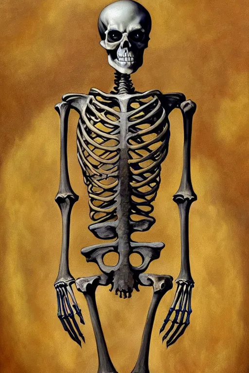 Prompt: classic oil painting, a skeleton dressed in medieval pajamas, as a dnd character, comfy, highly detailed, digital illustration, concept art, smooth, sharp focus, art by alex grey and james gurney
