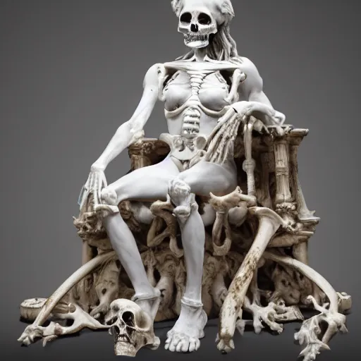 Prompt: a full figure marble sculpture of the queen of bones, detailed face, full figure, crown of skulls, sitting on a throne of bones, by michaelangelo, high detail, hard lighting, 4 k