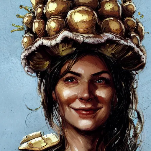 Prompt: doomguy as an attractive young smiling woman wearing a mushroom crown and heavy armoured wedding dress, face portrait, hd shot, digital portrait, beautiful, fantasy art, artstation, comic style, by artgerm, guy denning, jakub rozalski, magali villeneuve and charlie bowater