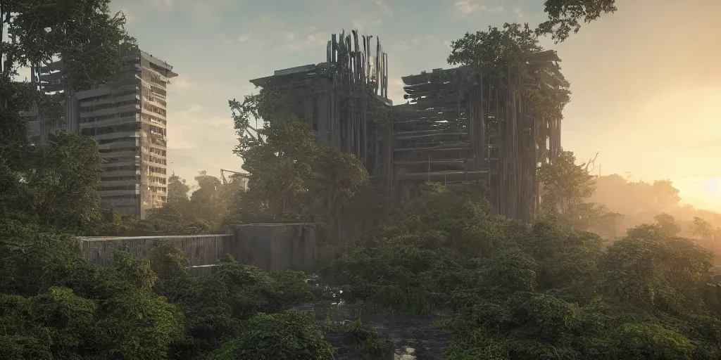 Image similar to an extremely detailed cathedral of brutalist architecture, surrounded by lush green forest, ponds of water, stunning volumetric lighting, sunset, rusted metal, solid concrete, stunning skies, trending on Artstation, 8k, photorealistic, hyper detailed, unreal engine 5, IMAX quality, cinematic, epic lighting, in the style of Greg Rutkowski