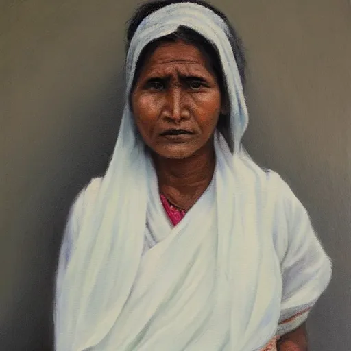 Image similar to a nepali woman wearing a white shawl, sad, oil painting