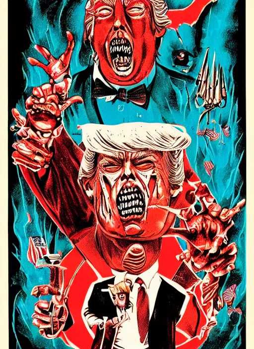 Prompt: Donald Trump's disgusting true form on a 1980s horror movie poster, inking, vintage 80s print, detailed, scary, horror, screen print, trending on artstation