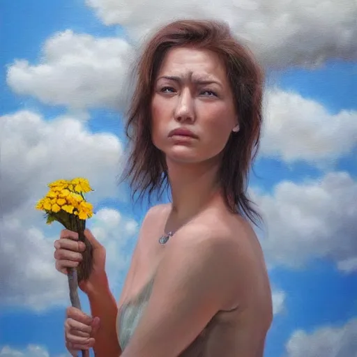 Prompt: portrait, hyperrealism oil painting, woman in the clouds, woman with flowers - 4