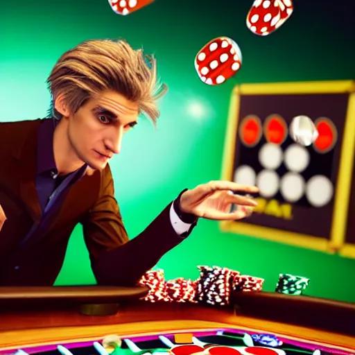 Image similar to film still of xqc gambling in Vegas, 4k, photorealism, artstation style