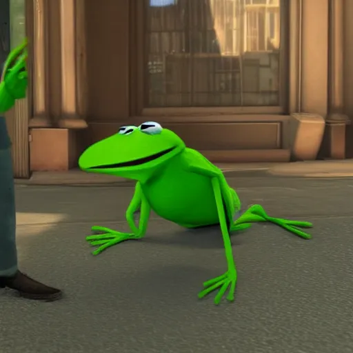 Prompt: Film still of kermit the frog, from Grand Theft Auto V (2013 video game)