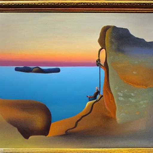 Prompt: An abstract oil painting of rock climbing by Salvador Dali, sunrise, scenic
