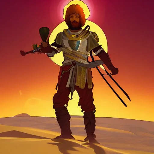 Image similar to an ultra detailed vector image of bob ross dressed as solaire of astora, concept art by alphonse mucha and greg rutkowski, bright red desert sands, bright yellow and red sun, octane render, praise the sun