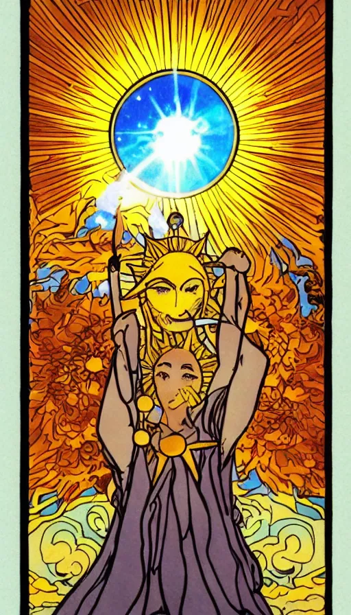 Prompt: the sun, art, anime, bright light, positive vibes based on the Tarot card The Sun