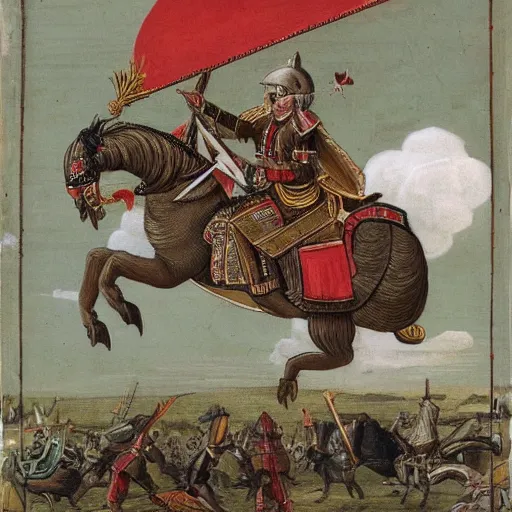 Prompt: winged hussars riding dolphins in the sky in the style of Giovanni Antonio Canal