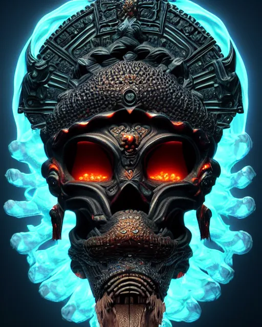 Image similar to 3 d ornate carved dark cosmic warrior with profile portrait, sigma 5 0 0 mm f / 5. beautiful intricate highly detailed quetzalcoatl skull. bioluminescent, plasma, lava, ice, water, wind, creature, thunderstorm! artwork by tooth wu and wlop and beeple and greg rutkowski, 8 k trending on artstation