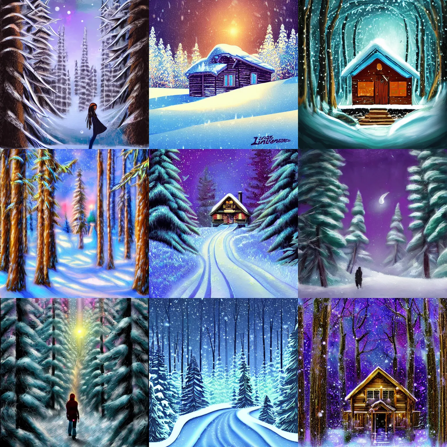 Prompt: art by ai artificial - intelligence [ limitless inspiration and awe ] + [ the transcendent experience of pure joy and happiness ] + [ snowy forest cabin ]