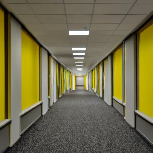 Image similar to liminal abandoned office hallways with walls and carpeting with a monochromatic tone of pale yellow, fluorescent lights, pale yellow walls, pale yellow carpet flooring, european office