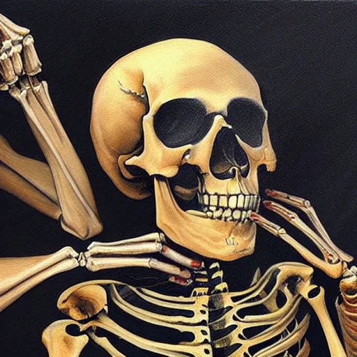 Prompt: human skeleton sitted and painting a beautiful painting