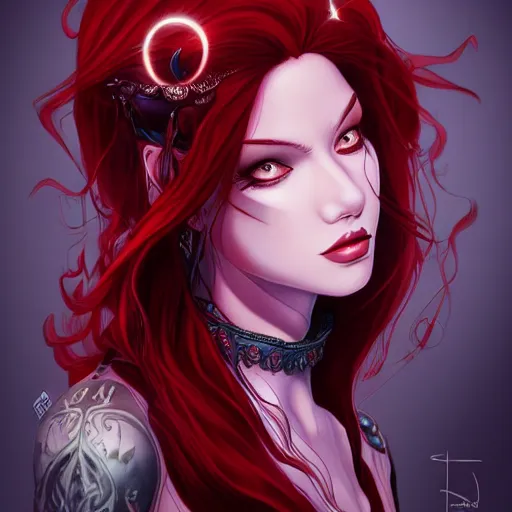 Image similar to princess of darkness, style of moebius, artgerm, james jean, piercing eyes, long glowing red hair, cinematic, highly detailed, award winning