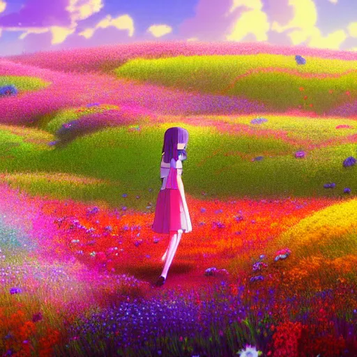 Image similar to a beautiful ultra - detailed panorama of a girl walking through a field of colorful flowers by beeple, studio ghibli, makoto shinkai, wallpaper, highly detailed, trending on artstation, anime