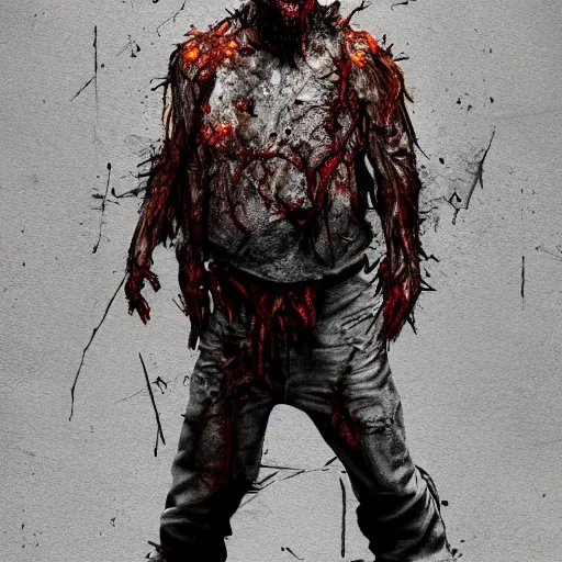 Image similar to construction - worker as angry rotting zombie, full body portrait, reflective vest, horror core, apocalyptic, feeling of grimdark, sharp focus, fiction, hyper detailed, digital art, trending in artstation, cinematic lighting, studio quality, smooth render, unreal engine 5 rendered, octane rendered, art style and nixeu and wlop and krenz cushart