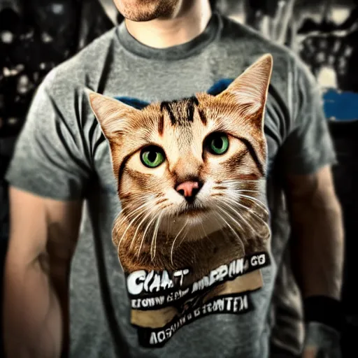 Image similar to cat wearing john cena shirt, photo, 8k, hyper realistic, photography