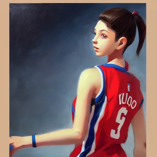 Prompt: A ultradetailed beautiful panting of a stylish girl wearing a basketball jersey, she is holding a basketball, Oil painting, by Ilya Kuvshinov, Greg Rutkowski and Makoto Shinkai