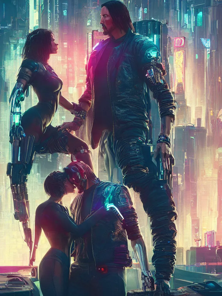 Image similar to a cyberpunk 2077 srcreenshot couple portrait of Keanu Reeves and a female android final kissed in night city,love,film lighting,by Lawrence Alma-Tadema,Andrei Riabovitchev,Laurie Greasley,Dan Mumford,John Wick,Speed,Replicas,artstation,deviantart,FAN ART,full of color,Digital painting,face enhance,highly detailed,8K,octane,golden ratio,cinematic lighting