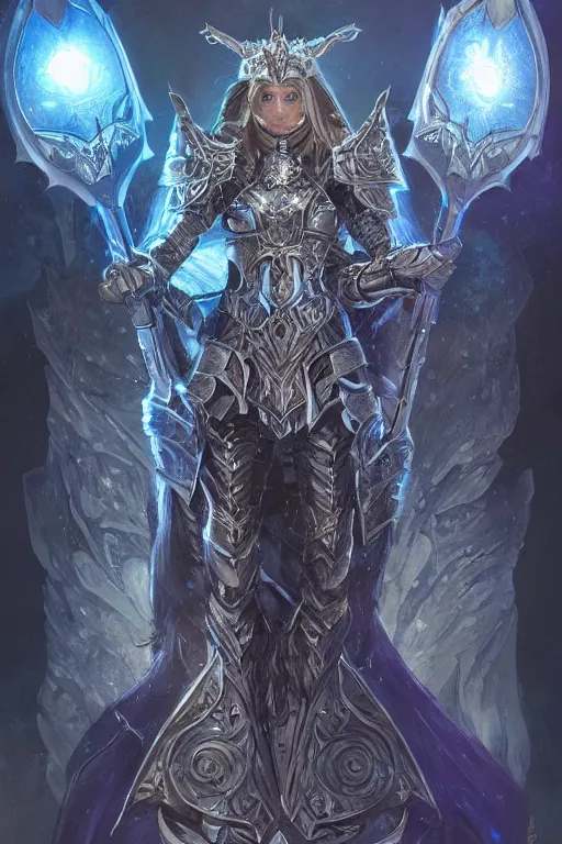 Image similar to Fantasy Paladin with tower shield wearing an intricate azure wolf themed full plated armor, moonlit, HD, illustration, epic, D&D, fantasy, intricate, elegant, highly detailed, digital painting, artstation, concept art, smooth, sharp focus, illustration, art by artgerm and greg rutkowski and alphonse mucha