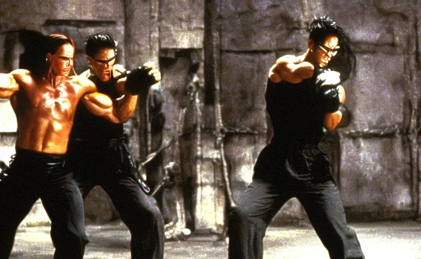 Prompt: Fight scene featuring Arnold Schwarzenegger in the movie the matrix 1999 fighting neo