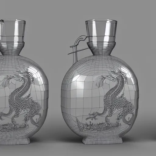 Image similar to transparent ancient boar flask with a Chinese dragon, raytracing, orthographic 3d rendering, octane render