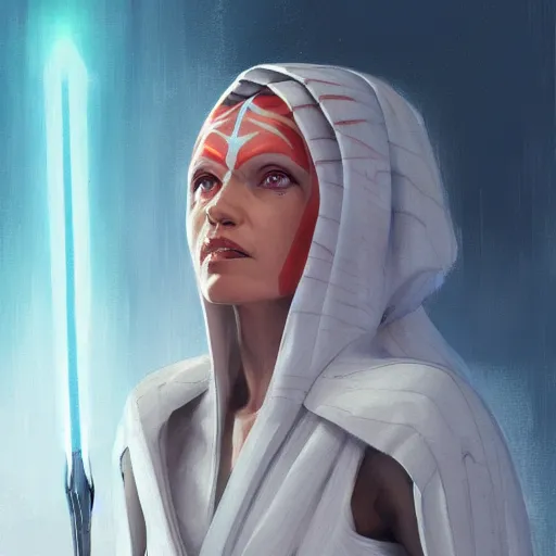 Image similar to portrait of a Ahsoka Tano by Greg Rutkowski, she is about 60 years old, wearing white robes, Star Wars Expanded Universe, highly detailed portrait, digital painting, artstation, concept art, smooth, sharp foccus ilustration, Artstation HQ