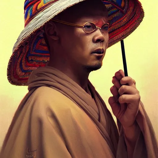 Prompt: portrait of a blindfolded monk in multicolored robes and a large straw hat, detailed face, highly detailed, cinematic lighting, digital art painting by greg rutkowski