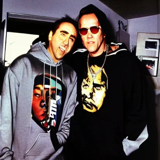 Prompt: nicolas cage and jim carrey as a rappers in a hoodie 1996