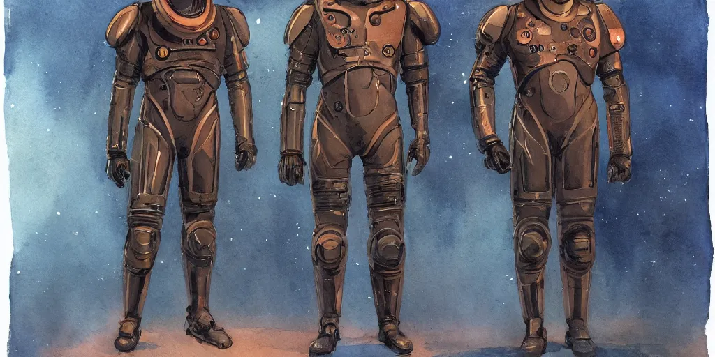 Image similar to male, full body, modern space suit, intriguing helmet, very stylized character design, the expanse tv series, large shoulders, short torso, long thin legs, tiny feet, science fiction, hyperdetailed, technical suit, dieselpunk, watercolor digital painting, in the style of mike mignola, by alex maleev, jean giraud