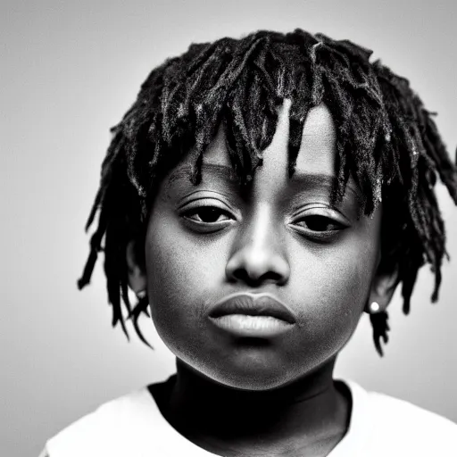 Image similar to the face of young juice wrld at 3 years old, black and white portrait by julia cameron, chiaroscuro lighting, shallow depth of field, 8 0 mm, f 1. 8