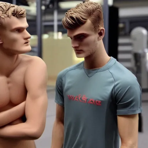 Image similar to a realistic detailed photo of a guy who is an attractive humanoid who is half robot and half humanoid, who is a male android, soccer players martin ødegaard & timo werner, shiny skin, posing like a statue, blank stare, in a factory, on display, showing off his muscles, gold soccer shorts, side view, looking at each other mindlessly