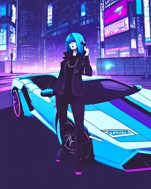 Image similar to digital illustration of cyberpunk pretty girl with blue hair, standing in front of a purple lamborghini, in city street at night, by makoto shinkai, ilya kuvshinov, lois van baarle, rossdraws, basquiat